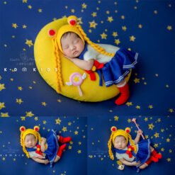 Newborn Photography Props for Girl Sailor Moon Outfit Hat Pillow Moon Star Background Blanket Set Baby Photo Bodysuit Romper